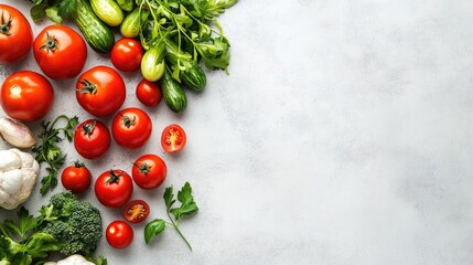 Poster - Fresh Organic Vegetables Arrangement with Tomatoes and Greens on Gray Background for Healthy Eating Concept