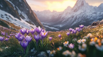 Poster - Vibrant crocuses blooming in mountain grass at sunset with majestic peaks in the background creating a serene natural landscape.