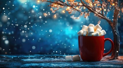 Poster - Cocoa with marshmallows in red mug on wooden surface with tree illuminated by lights and soft bokeh in winter setting
