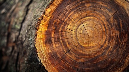Poster - Cross section of a tree trunk showing growth rings and texture in a natural macro photography background