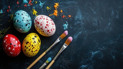 Aufkleber - Colorful painted quail eggs with paintbrushes on dark background for Easter greeting celebration concept