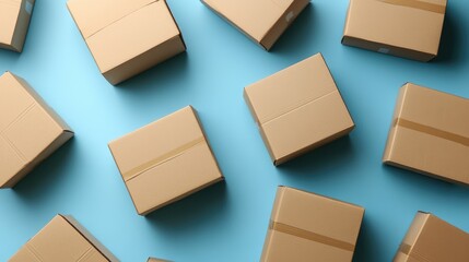 Poster - Brown Cardboard Boxes Arranged on a Light Blue Background Creating a Minimalist and Organized Shipping or Storage Concept