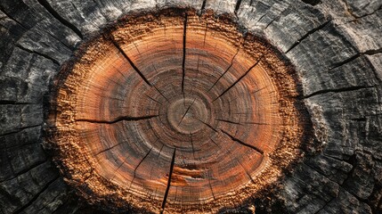 Poster - Detailed cross section of an aged tree stump showcasing growth rings and texture of the wood. Perfect for nature or woodworking themes.