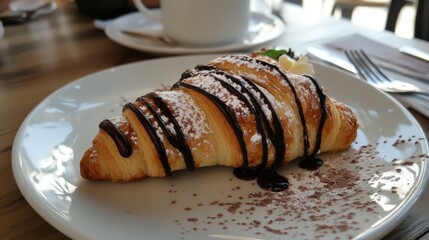 Poster - Delicious chocolate drizzled croissant on a white plate perfect for a delightful breakfast setting