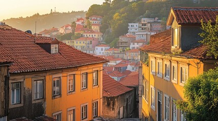 Cityscape of historic buildings and rooftops in a vibrant urban center during golden hour light