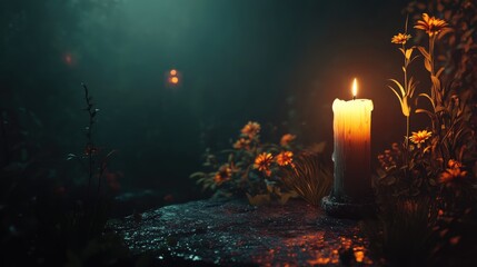 Poster - Serene candle illuminating a dark garden surrounded by flowers in a mystical atmosphere at night with soft glowing light.
