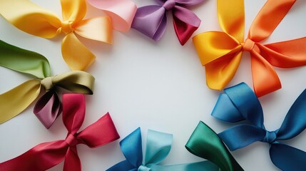 Colorful satin ribbons arranged in a circular pattern on a soft light background for vibrant decorative and crafting concepts