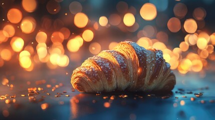 Poster - Bokeh background with a delicious croissant showcasing warmth and texture in a cozy setting