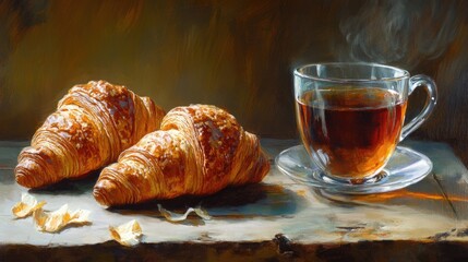 Poster - Delicious croissants on a rustic wooden table beside a steaming glass of tea creating a cozy breakfast atmosphere