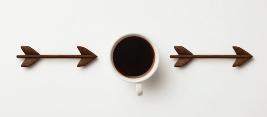 Aufkleber - Black Coffee Cup Surrounded by Arrows on Clean White Background with Empty Space for Text and Creative Design Applications
