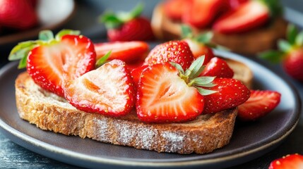 Poster - Freshly prepared toast garnished with ripe strawberries on dark plate ideal for breakfast or dessert settings