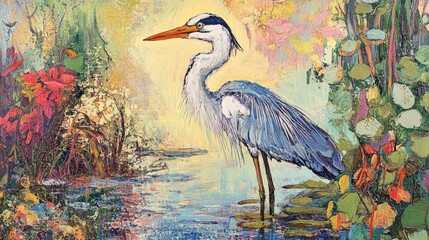 Poster - Cocoi Heron in a tranquil pond surrounded by vibrant flora and soft pastel colors creating a serene natural scene