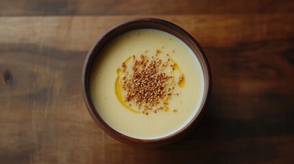 Poster - Bowl of creamy pumpkin soup topped with bee pollen on rustic wooden counter for a cozy dining experience