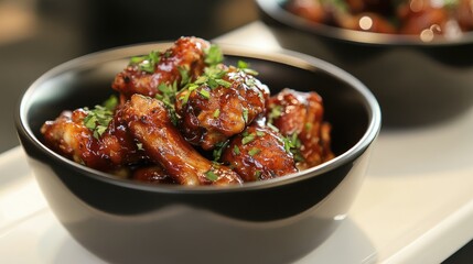 Poster - Barbecue chicken wings garnished with herbs served in black bowls on a white plate perfect for delicious appetizer or meal presentation