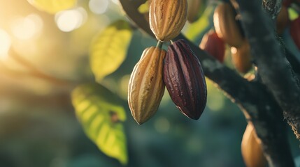 Poster - Cocoa pods hanging on a tree with sunlight filtering through leaves in a natural cocoa plantation setting