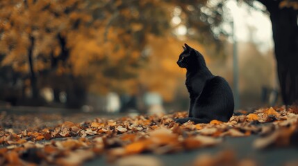 Poster - Black cat sitting elegantly on autumn leaves in a serene outdoor setting with soft natural light and ample copyspace for text.
