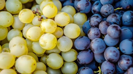 Aufkleber - Fresh organic white and purple grapes in a vibrant close-up showcasing their ripe texture and rich colors. Perfect for food photography.