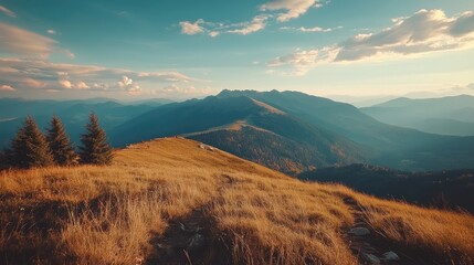 Poster - Majestic mountain landscape with vibrant sky and grassy hiking trail in nature's serene outdoor environment.