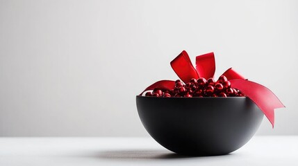 Aufkleber - Elegant Black Bowl Filled with Red Ornaments and Christmas Ribbon on a Minimalist White Background