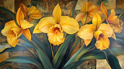 Poster - Vibrant yellow orchids in full bloom showcasing petal details and lush green leaves against an artistic background for floral decor.