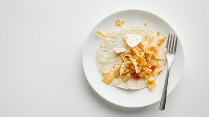 Aufkleber - Crumpled plate and fork with traditional taco remnants on a minimalistic white background showcasing a casual dining setting