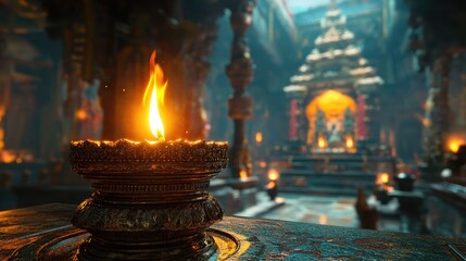 Poster - Candle flame illuminating serene temple interior with intricate architecture and warm ambiance
