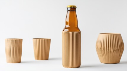 Poster - Cardboard beer bottle and cups mockup minimalist design on white background for eco-friendly packaging concepts
