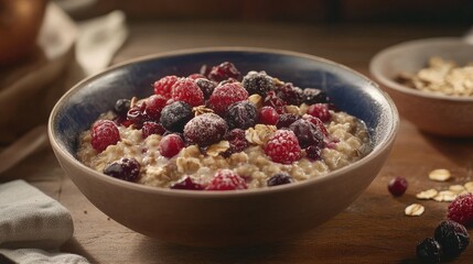 Poster - Oatmeal bowl with fresh raspberries and cranberries on wooden table healthy breakfast idea