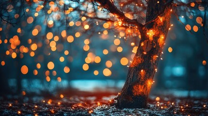 Leinwandbilder - Magical bokeh effect created by warm lights illuminating a tree in a serene outdoor setting during twilight.