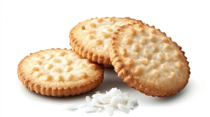 Poster - Coconut biscuits stacked on a white background with shredded coconut for a delightful snack or dessert display.
