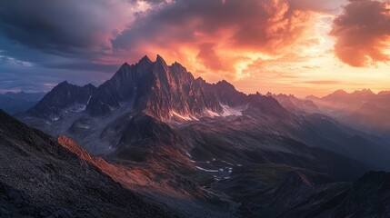 Poster - Majestic rugged mountain ranges illuminated by vibrant sunset colors casting dramatic shadows on the landscape