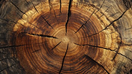 Poster - Detailed close-up of a brown tree stump cross-section highlighting age rings, cracks, and rich wood grain texture showcasing natural beauty.