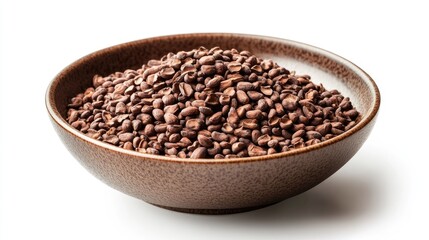 Poster - Cacao beans displayed in a rustic bowl showcasing their rich brown color and natural texture on a white background.