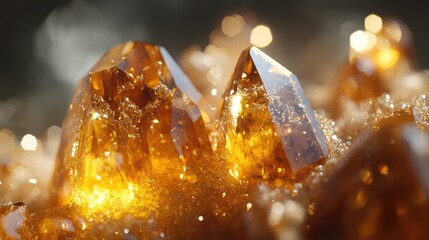 Poster - Close up of vibrant amber crystal formations glistening against a soft blurred background highlighting their natural beauty and allure