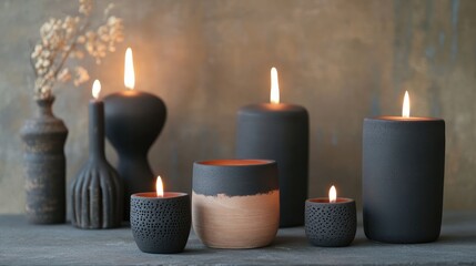 Poster - Black candles in textured holders creating a cozy bohemian ambiance perfect for holiday and wedding decor settings