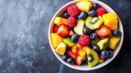 Poster - Vibrant Bowl of Freshly Cut Mixed Fruits Including Avocado, Berries, and Melons on a Dark Textured Background