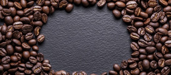 Poster - Black Coffee Beans Formed in a Circle on Dark Background with Ample Copyspace for Text and Branding Opportunities