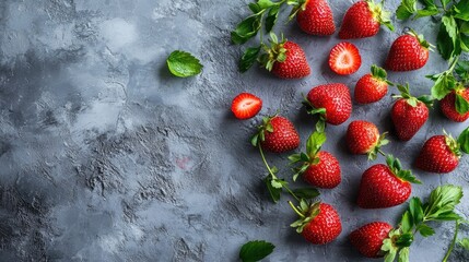 Poster - Fresh ripe strawberries arranged on a textured gray background showcasing vibrant colors for healthy eating and beverage concepts.