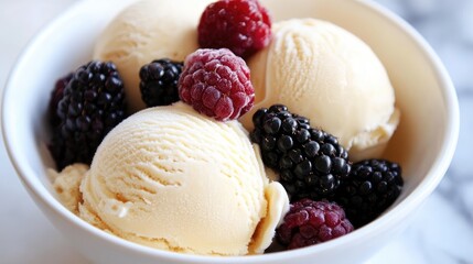 Poster - Summer ice cream scoops with fresh berries in a bowl showcasing a refreshing dessert perfect for warm weather enjoyment