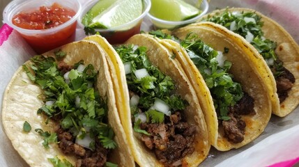 Poster - Colorful gourmet tacos featuring seasoned meat, fresh vegetables, and vibrant salsas served with lime wedges and salsa cups.