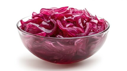 Aufkleber - Closeup of vibrant pickled red cabbage in a glass bowl on a white background showcasing its rich color and glossy texture.