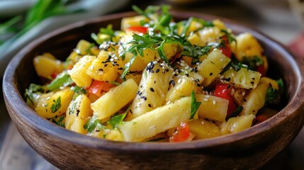 Aufkleber - Bamboo shoots and pineapple salad with fresh herbs and vibrant vegetables in a rustic bowl setting