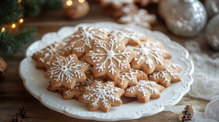 Aufkleber - Festive snowflake decorated cookies arranged on an elegant white plate perfect for holiday celebrations and winter gatherings