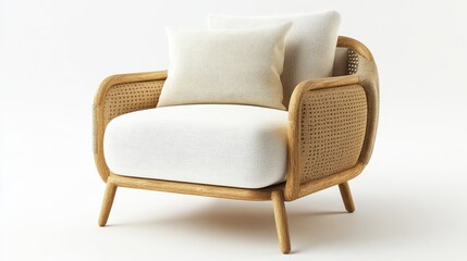 Poster - Sustainable luxury armchair with natural wood and cushion mockup for rustic home decor in minimal studio setting front view