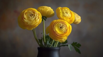 Aufkleber - Vibrant yellow ranunculus flowers arranged elegantly in a black vase against a softly blurred background