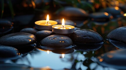 Poster - Candles on smooth stones reflecting in water creating a serene and tranquil atmosphere for relaxation and meditation purposes