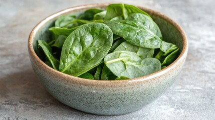 Aufkleber - Fresh baby spinach leaves in a rustic bowl on a textured surface for healthy dining and culinary presentations