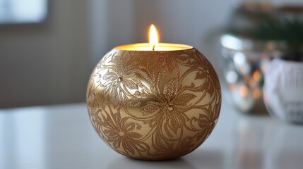 Poster - Elegant golden candle with floral design illuminating a cozy home setting for warm ambiance and decoration.