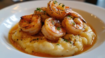 Poster - Savory Grilled Shrimp on Creamy Grits Garnished with Fresh Herbs in Elegant Presentation