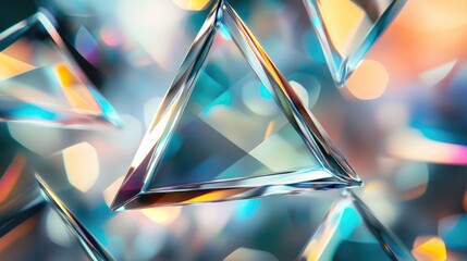 Poster - Elegant macro shot of triangular glass prisms creating colorful bokeh refractions in a modern still life composition.